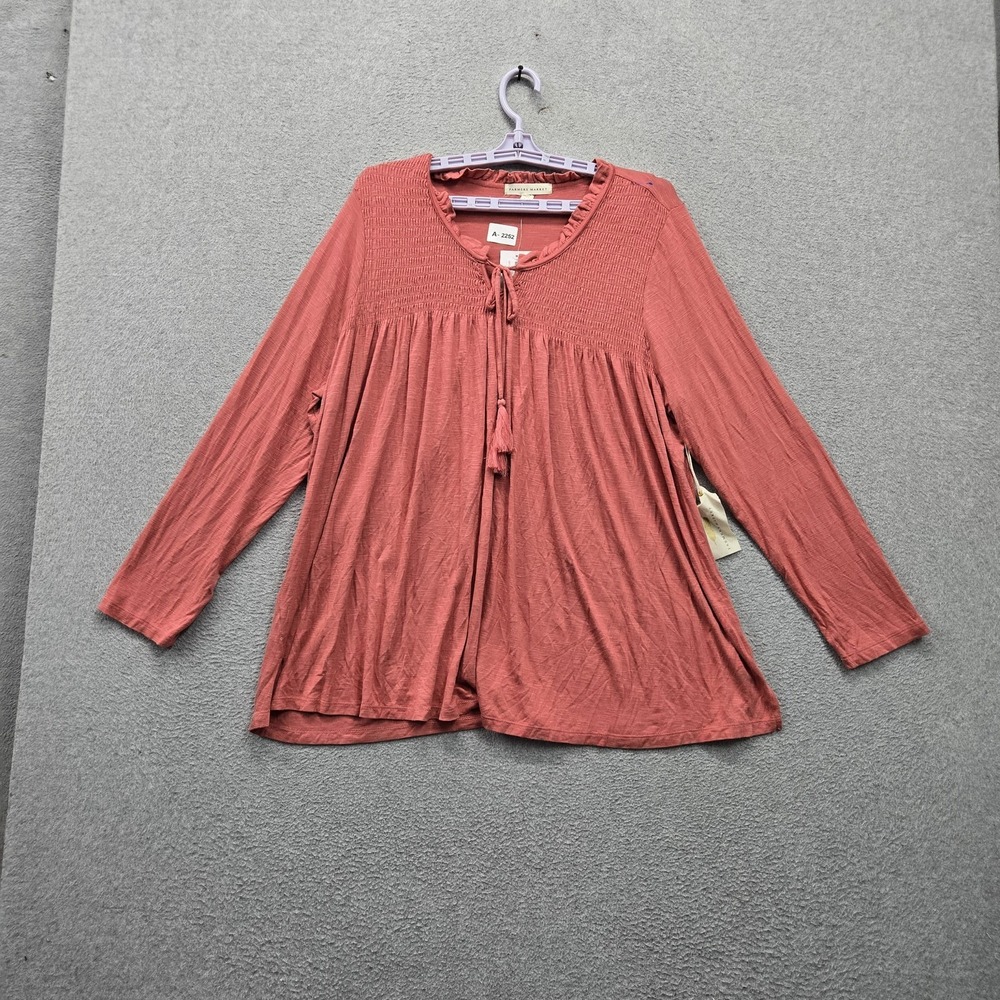 Farmers Market Women Blouse 1X Rust Peasant Button Ruffle Tassel NWT
